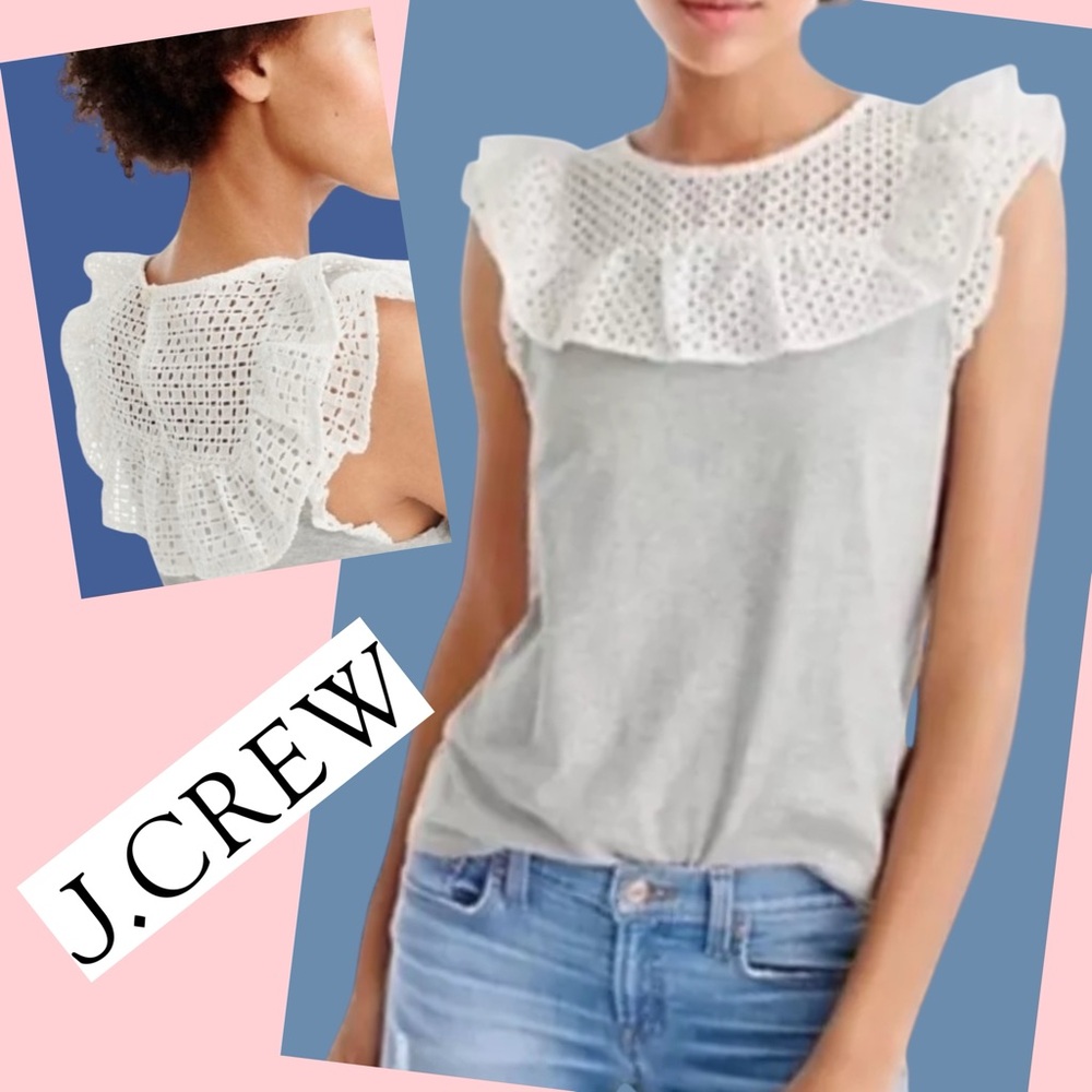 J. Crew 100%Cotton Women's Gray Top with White Lace Detail Size L